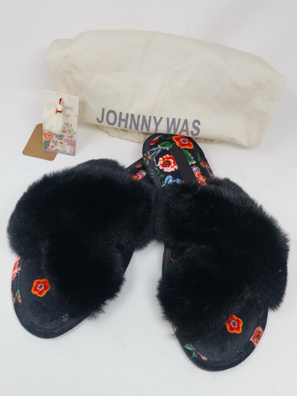 Johnny Was Ardell Floral Faux Fur Slide Sandals 10